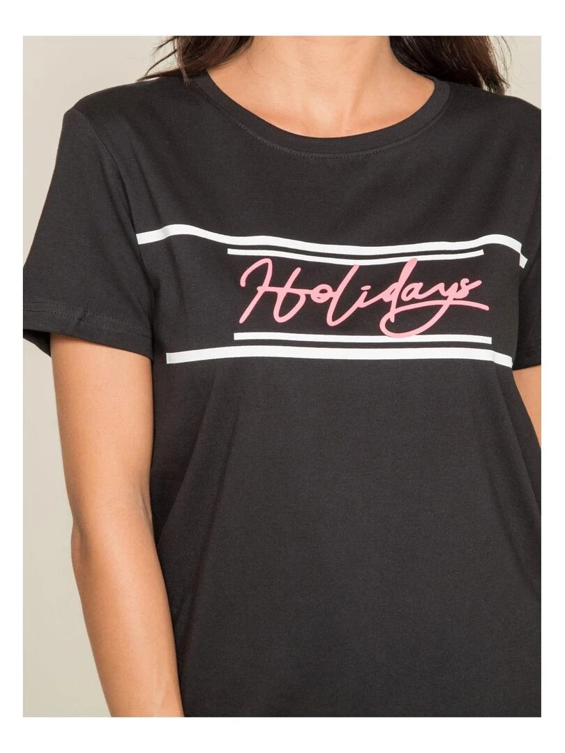 T shirt col rond message FOLIDAY   Noir