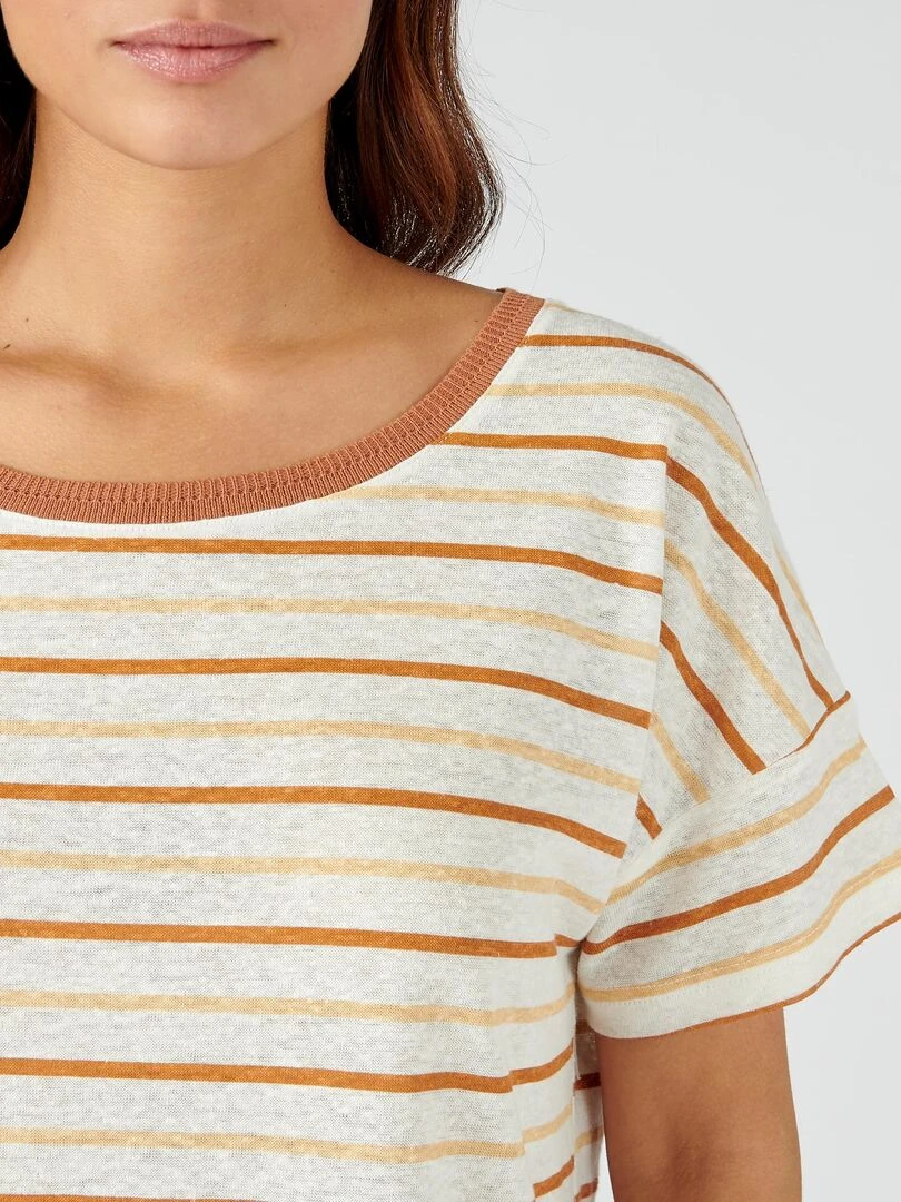 Tee shirt à rayures en lin majoritaire. Damart Beige