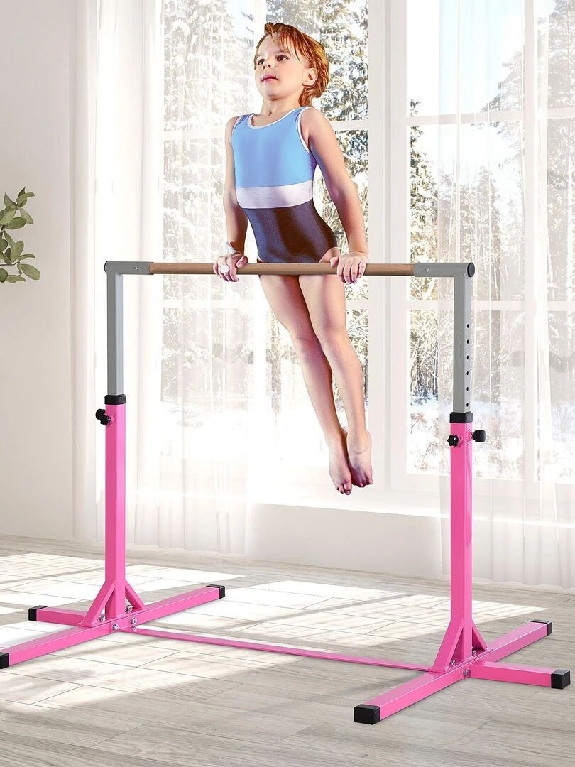 Barre fixe de gymnastique enfant hauteur réglable 13 niveaux acier hêtre   Rose