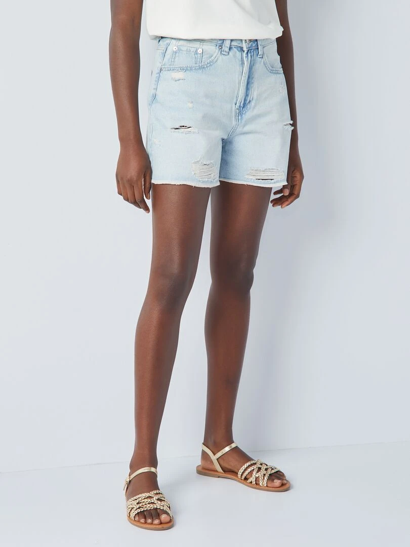 Short taille haute à abrasions   Bleu clair