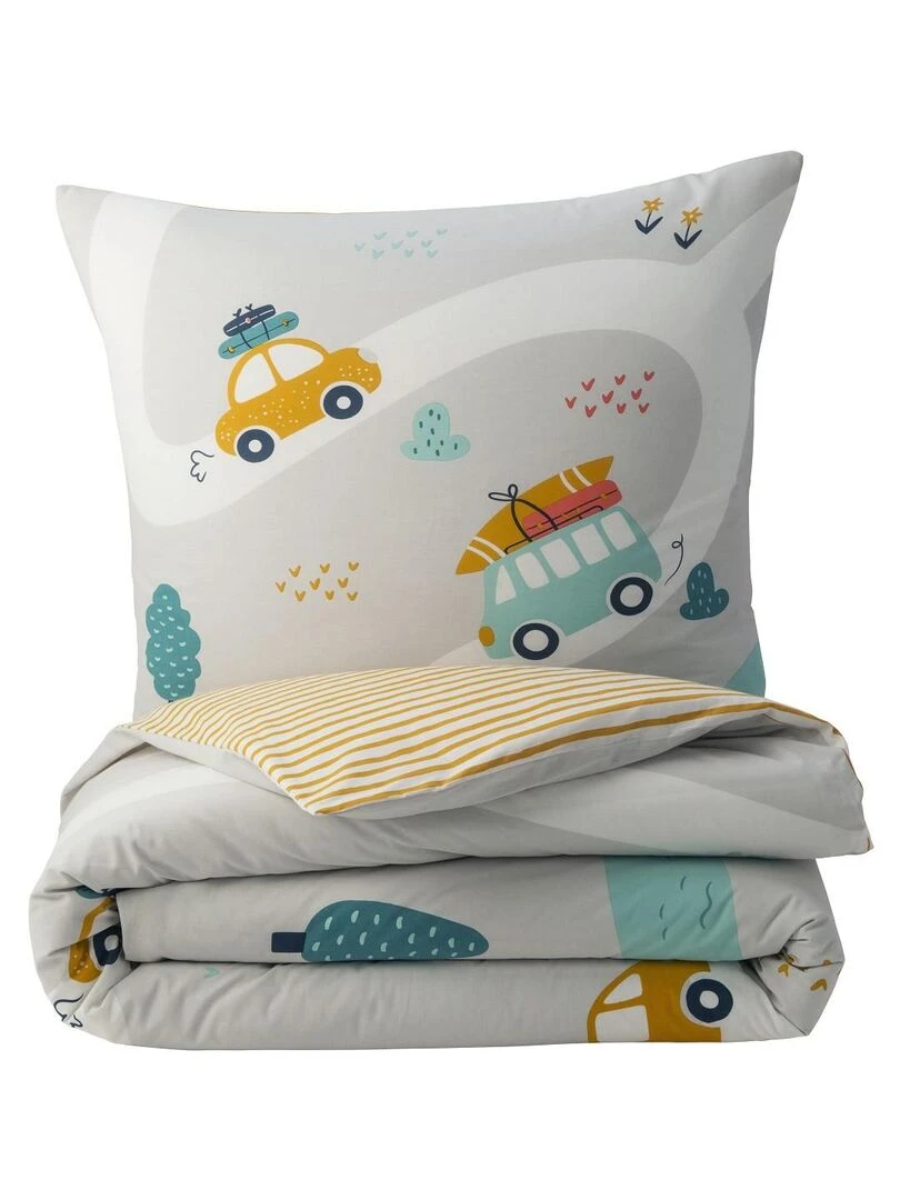 Future Home   Parure de lit enfant en coton 57 fils imprimé gris et curry   Gris