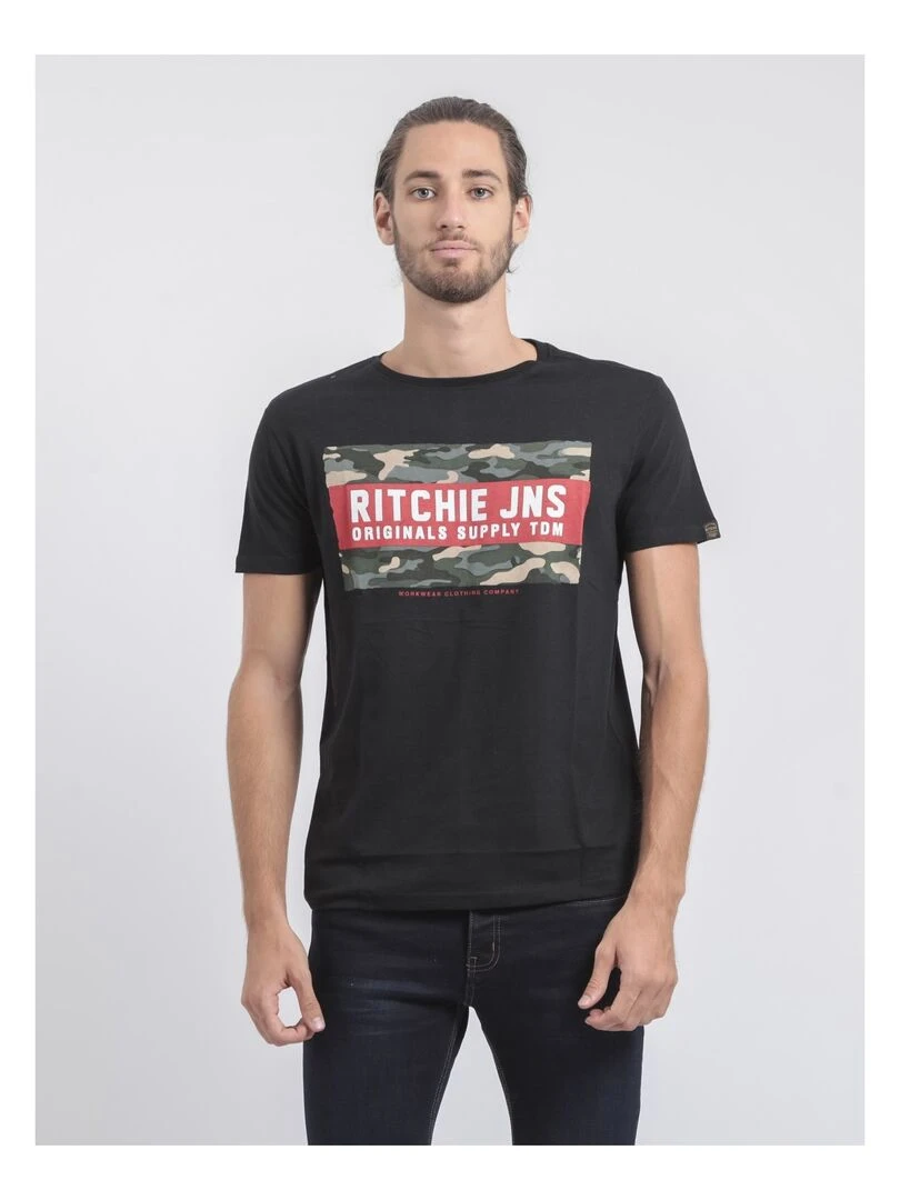 T shirt col rond pur coton JARDIN Noir