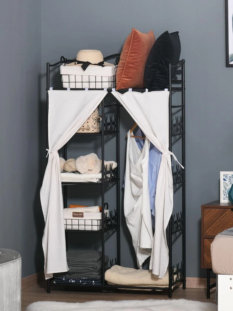 Armoire penderie multi rangement 5 étagères métal noir 2 rideaux blanc Noir