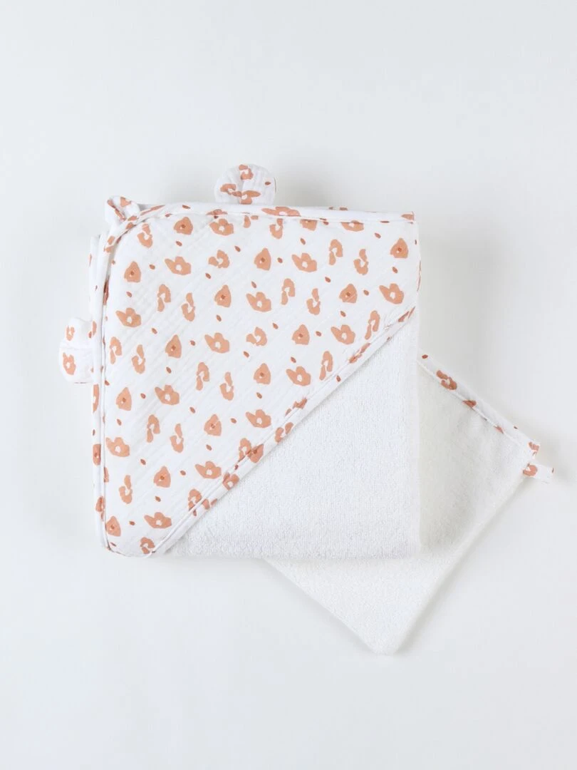 Set de bain léopard en éponge et mousseline  écru/terracotta   Blanc