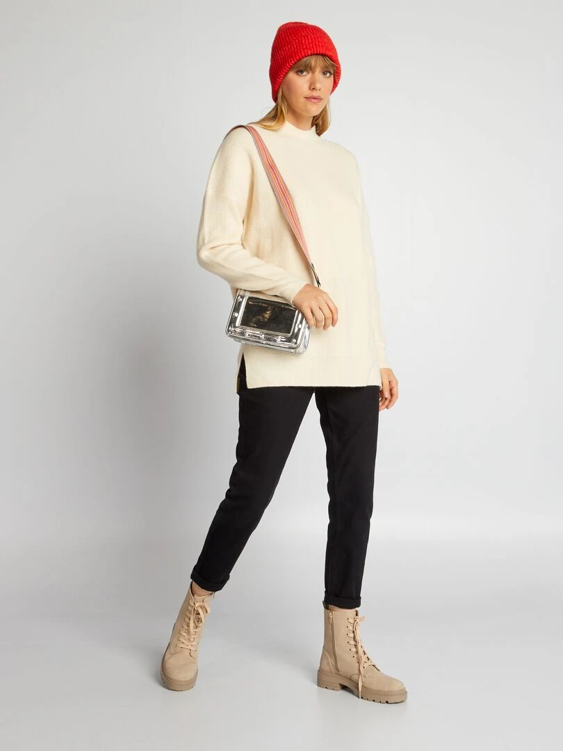 Pull en maille côtelée à col montant Crème