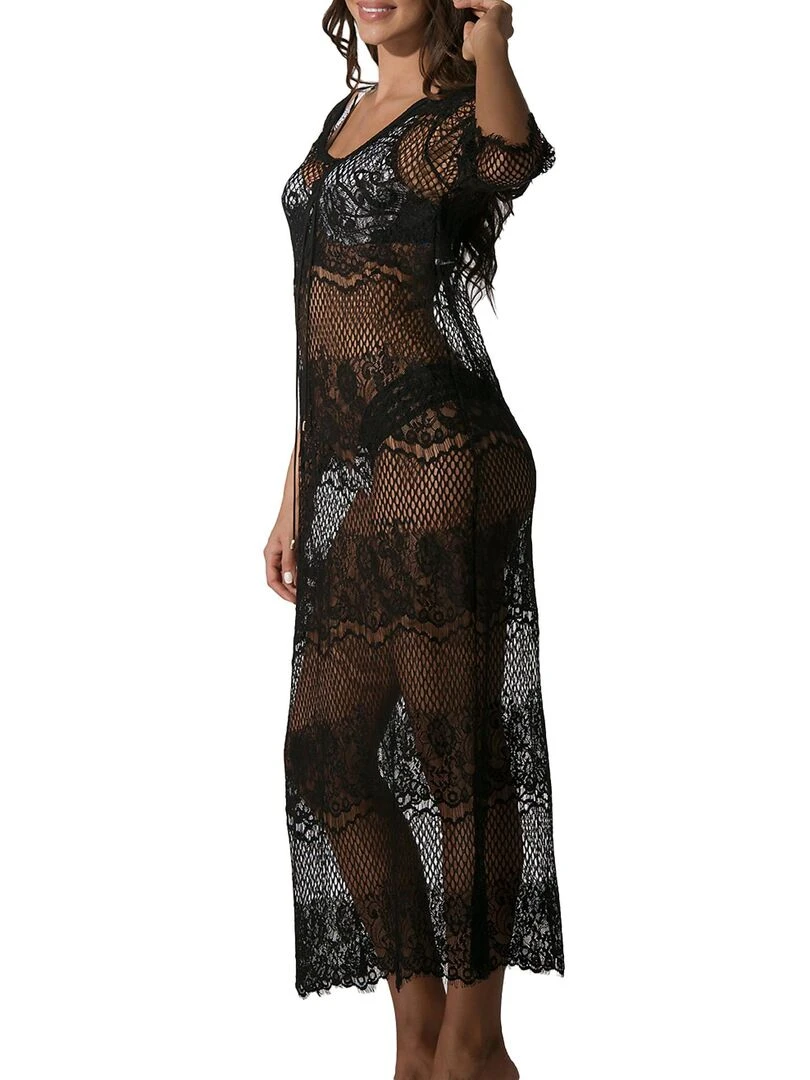 Robe de plage longue dentelle transparente Malibu noir   Noir