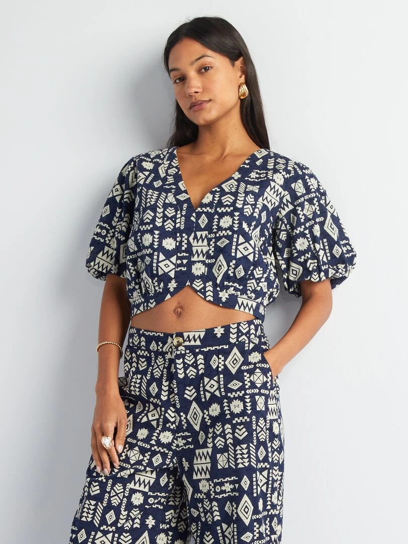Blouse courte imprimée ethnique Bleu marine