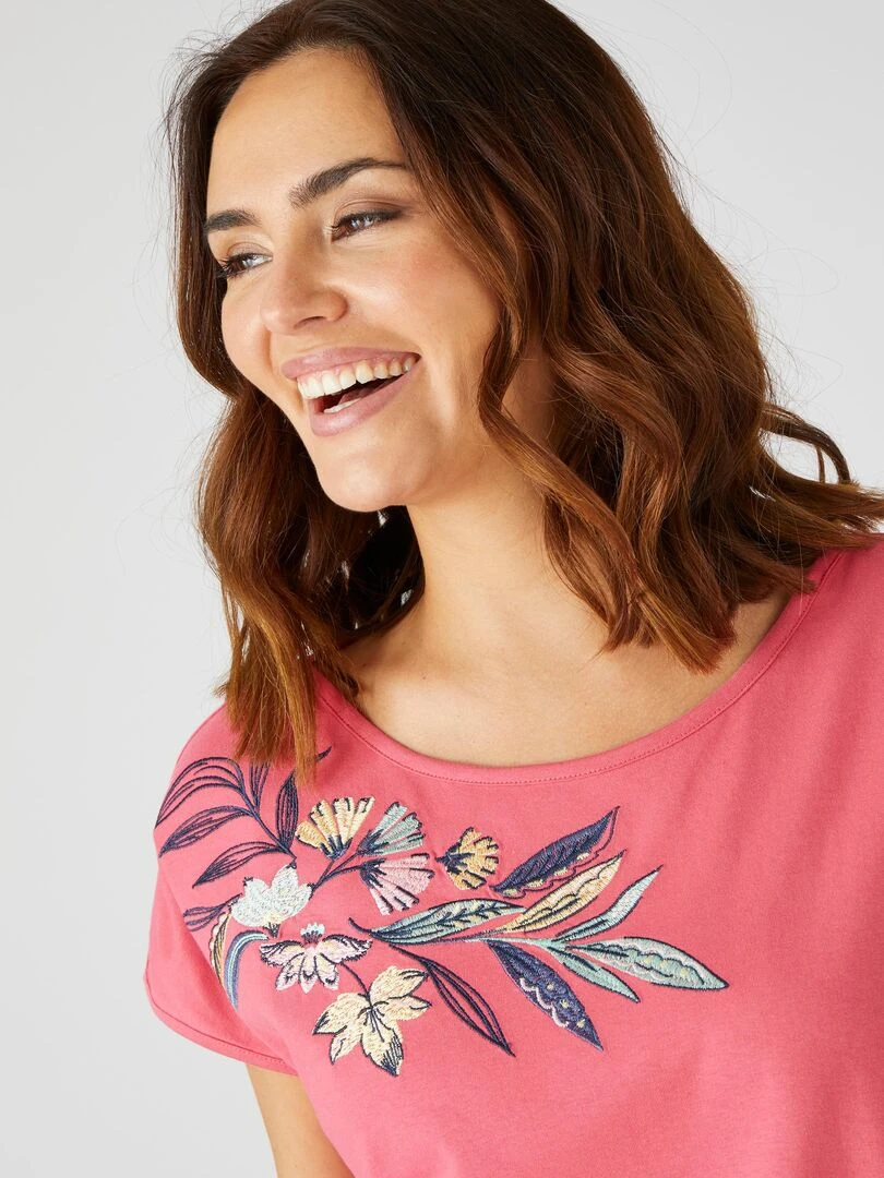 Tee shirt brodé coton biologique Damart Rose framboise