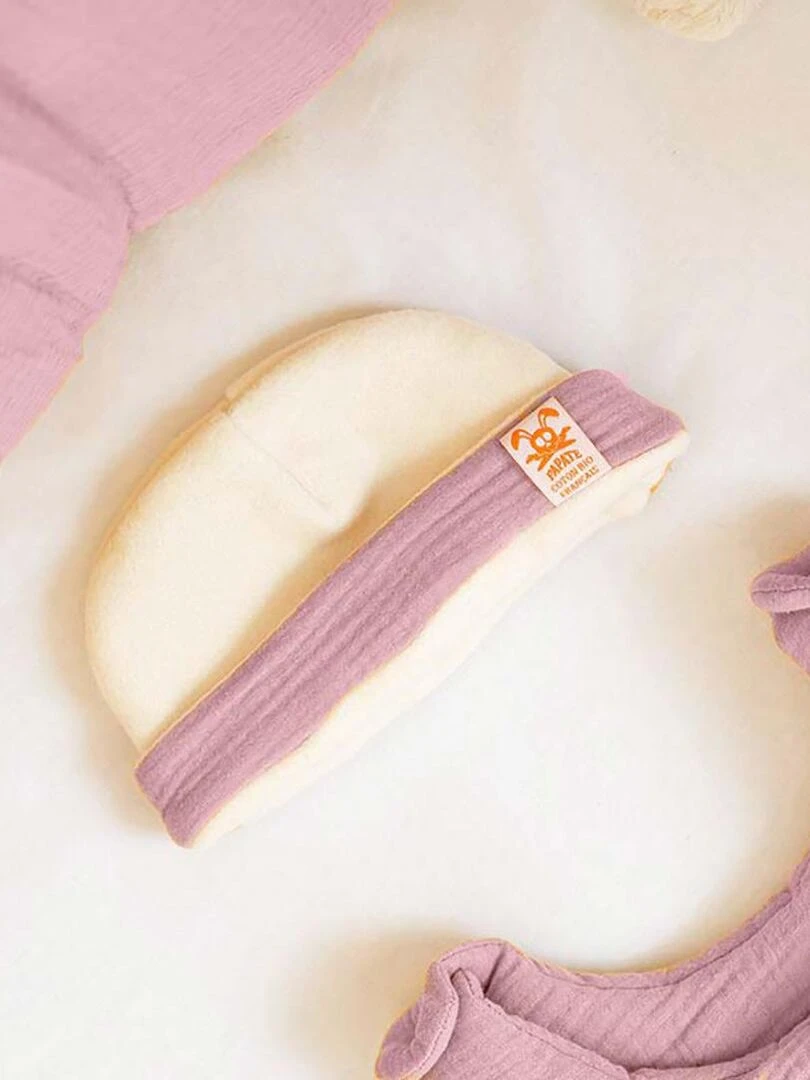 Bonnet de Naissance en Coton Bio Blanc et Rose Rose