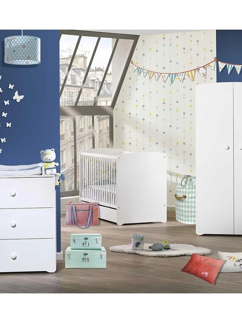 Chambre complète bébé avec lit 120x60cm commode à langer et armoire 2 portes BABYPRICE Blanc