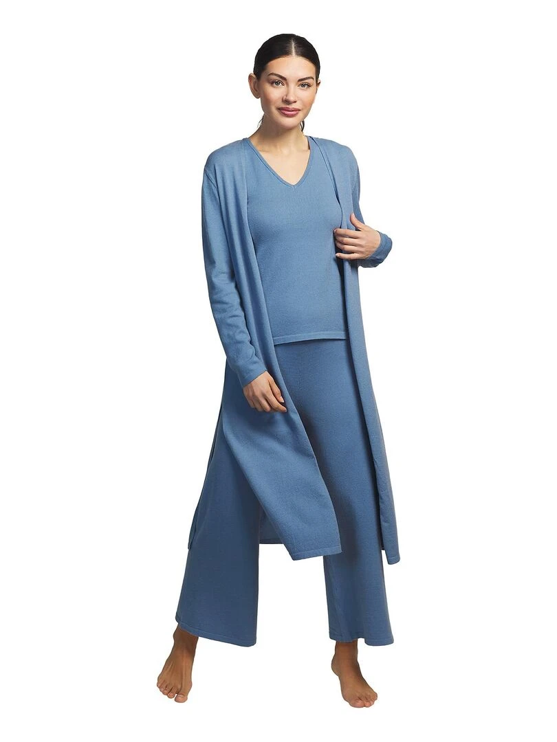 Tenue 3 pièces détente et intérieur pyjama pantalon top veste Tricot Bleu