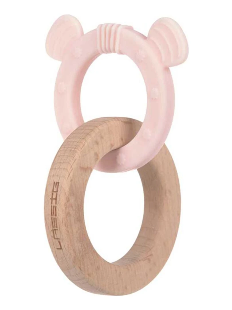 Anneau de dentition 2 en 1 en bois et silicone Souris Rose