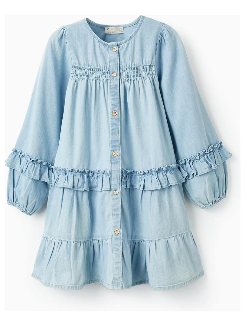 Robe en jean léger en coton avec volants pour fille manches longues SICILIAN DAYS Bleu