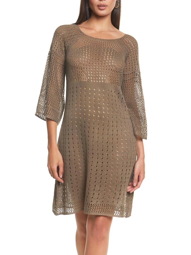 Robe de plage manches trois quarts crochet Kaki