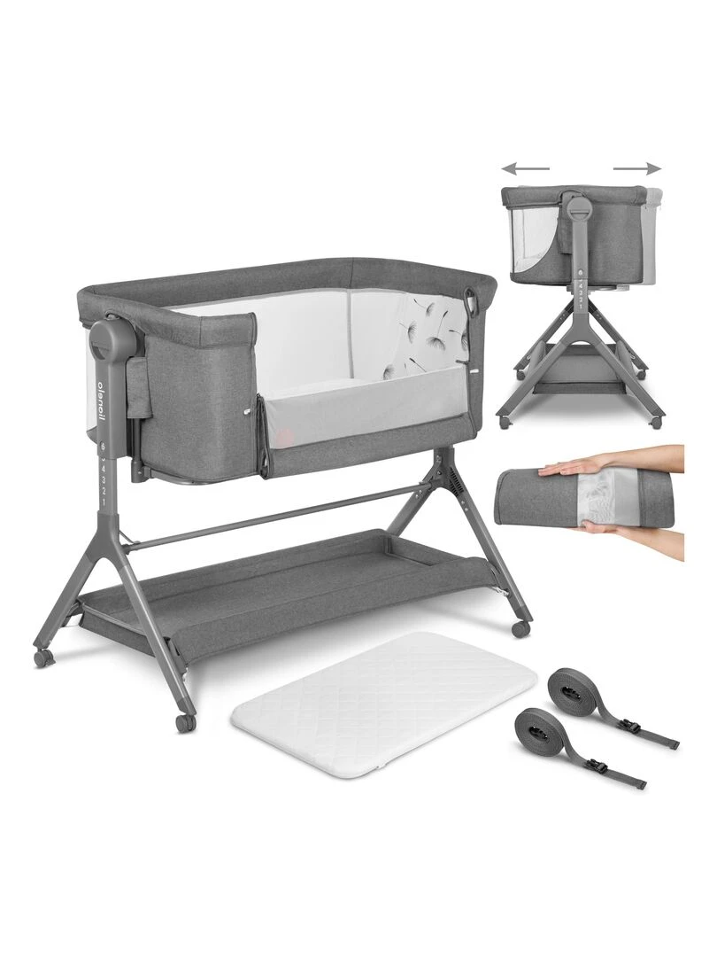 LIONELO Leonie Plus Lit cododo 3en1 avec matelas 0 9 kg Hauteur et inclinaison réglables Gris