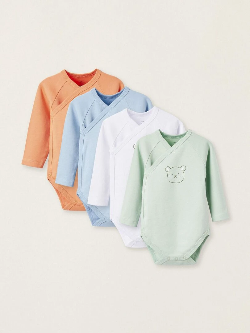 Pack 4 bodies en coton pour nouveau né et bébé garçon 'Animaux' manches longues ESSENTIALS LINE Multicolore