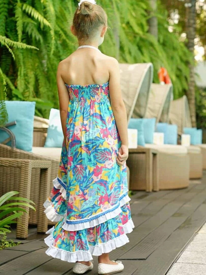 Robe/Jupe Longue de Plage Fille Fleurs Hawaï Bleu Rose IBIZA 'LA FAUTE A VOLTAIRE' Bleu turquoise