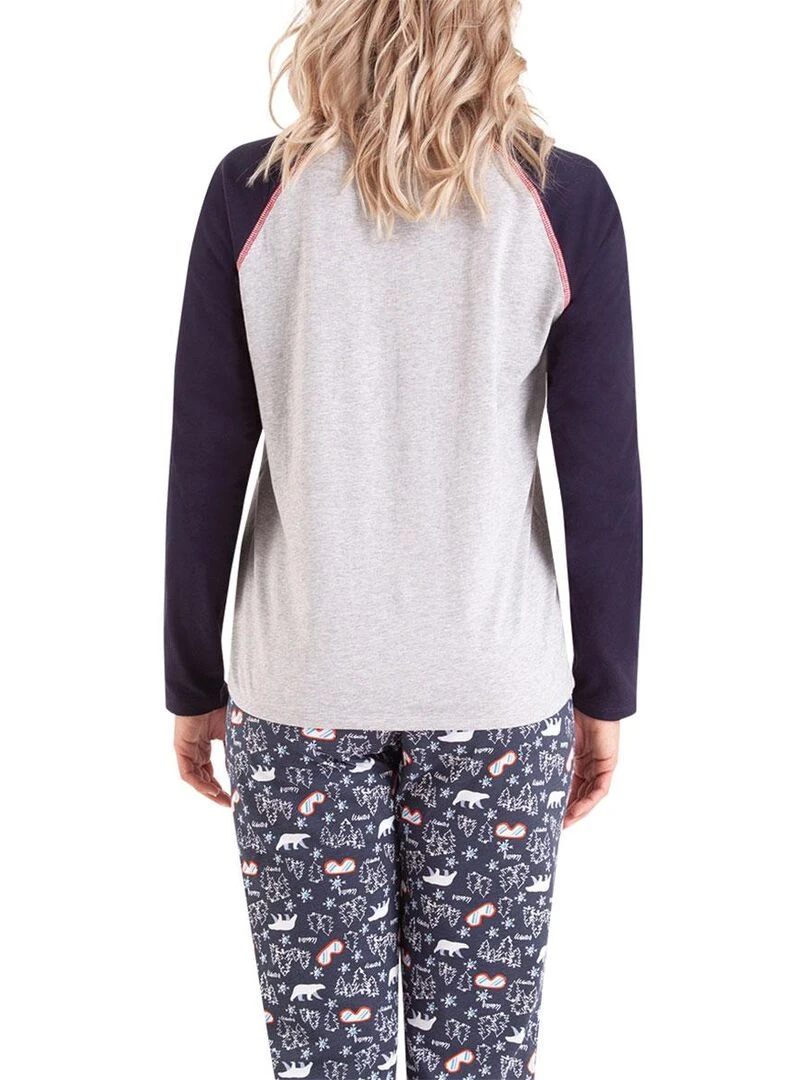 Pyjama long col rond femme Family   Gris Bleu