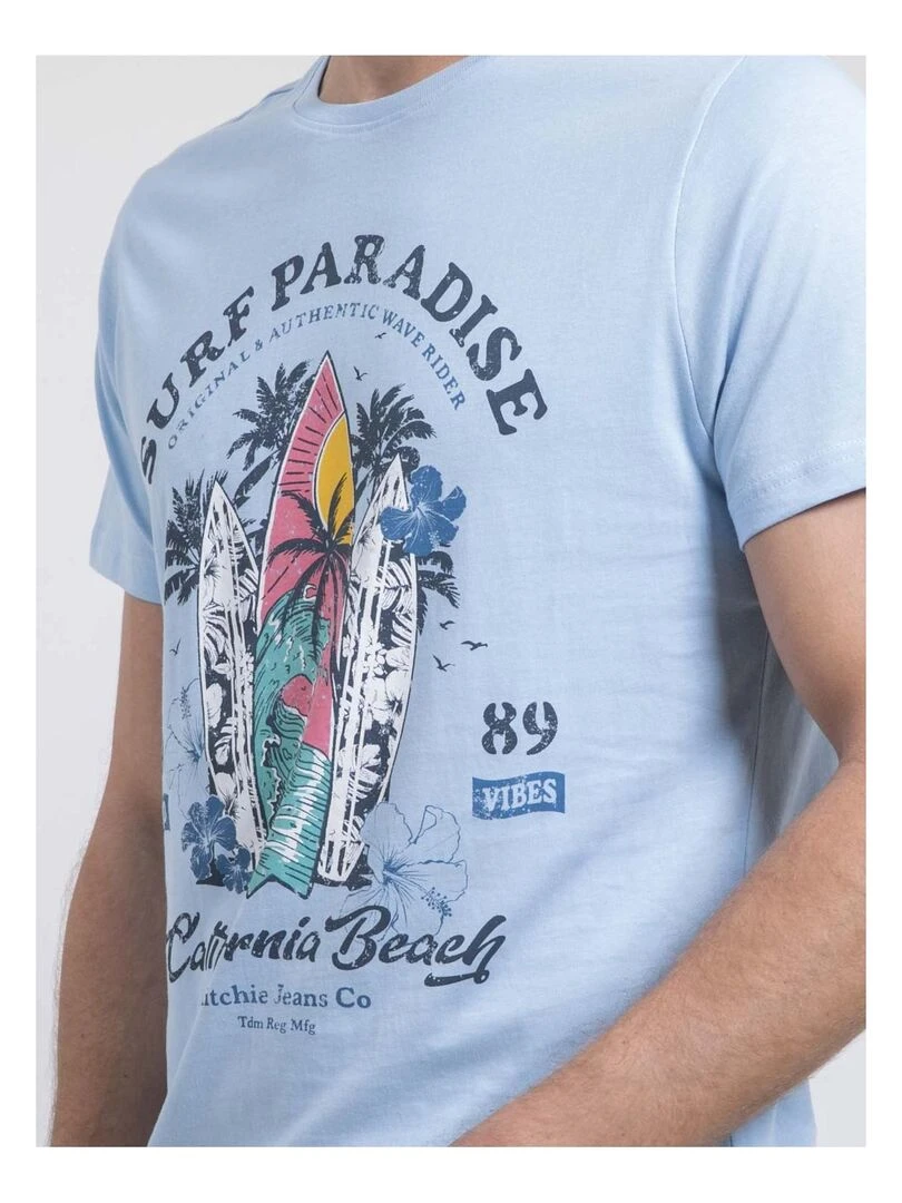 T shirt col rond pur coton NOUKIWI   Bleu ciel