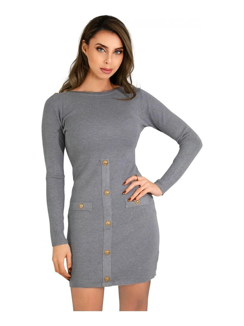 Robe Pull bouton doré Kebello Gris