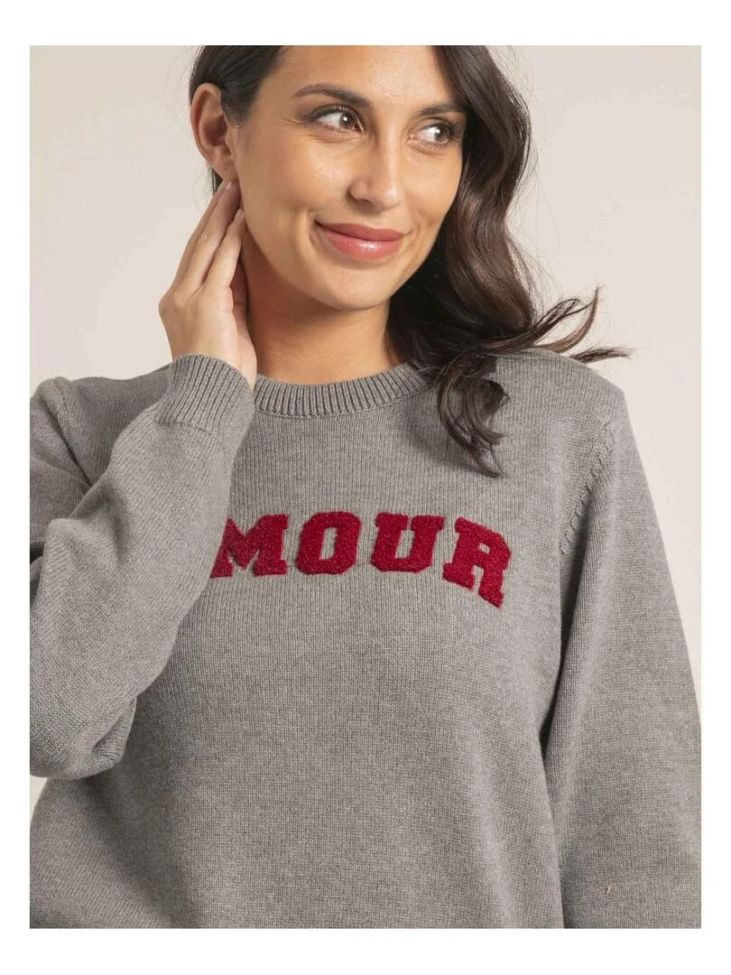 Pull col rond pur coton message KOURI   Gris