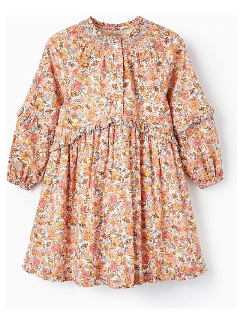 Robe en Coton à Fleurs pour Fille manches longues BROTHERS&SISTERS Blanc Orange clair