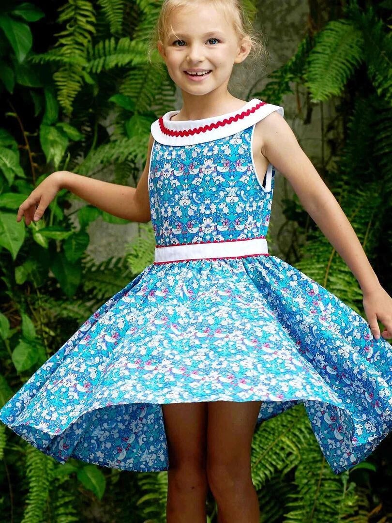 Robe Cérémonie Fille Fleurie Bleu Rouge Col Bat HEPBURN La Faute à Voltaire Bleu