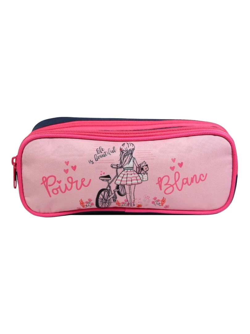 BAGTROTTER Trousse scolaire 2 compartiments Poivre Blanc Rose Vélo Rose