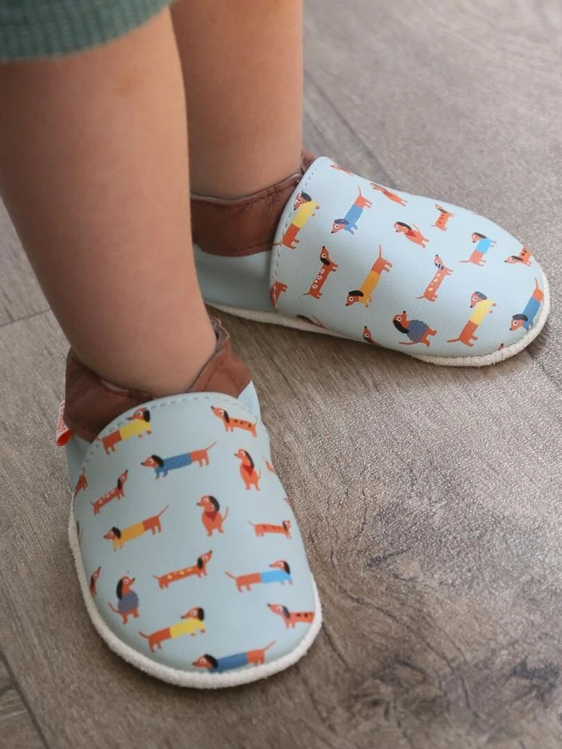 Chaussons bébé cuir souple Raphaël les teckels   Bleu Bleu