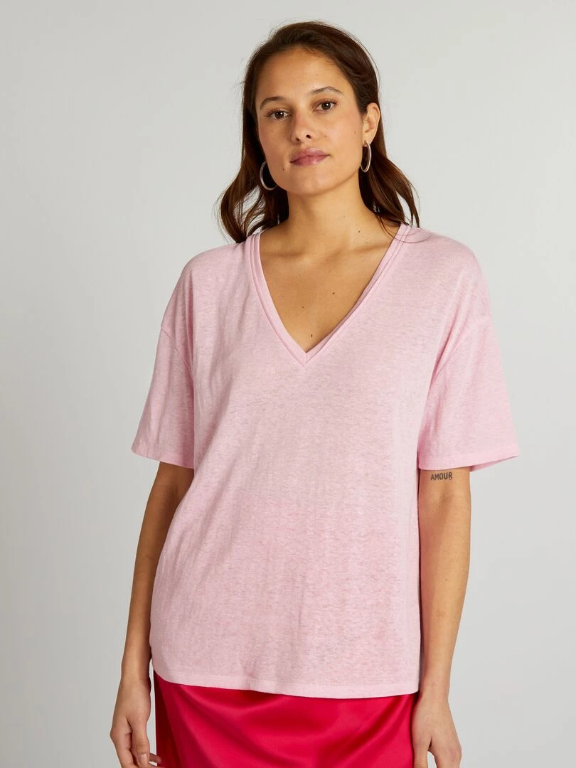 T shirt à col V avec lin   Rose