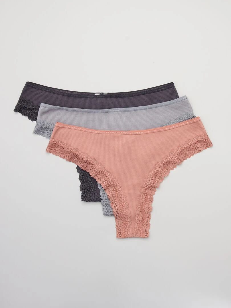 Lot de 3 tangas maille côtelée rose/gris bleuté/gris foncé