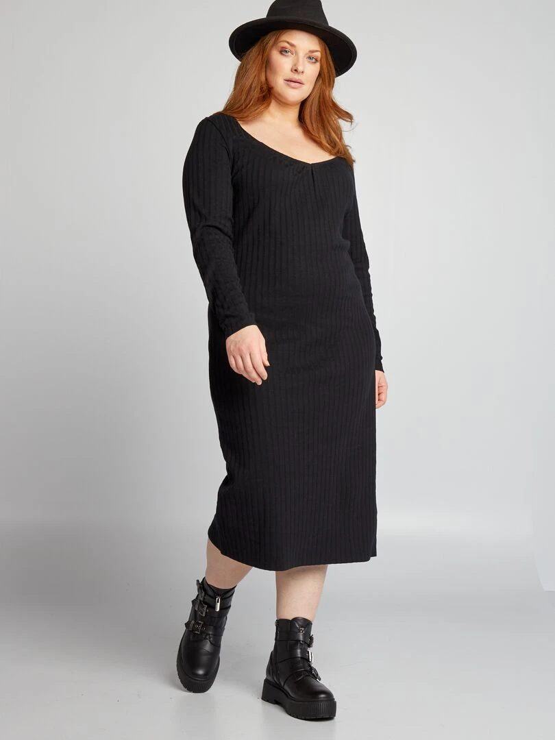 Robe midi en maille côtelée noir