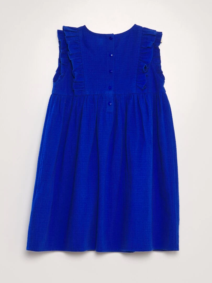 Robe en coton dobby volantée et brodée bleu