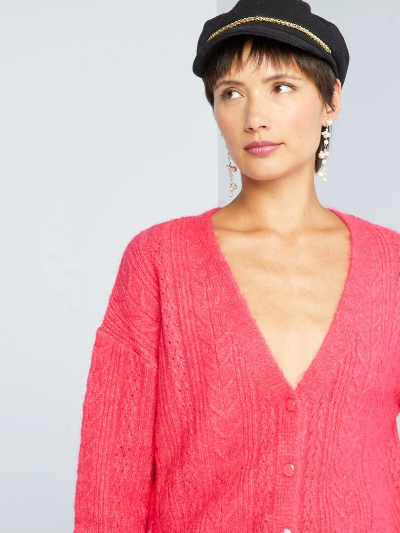 Gilet boutonné en maille ajourée   rose azalée