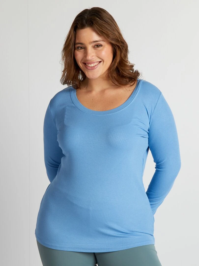 Tee shirt côtelé fluide et large encolure Bleu