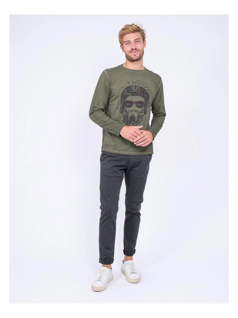 T shirt manches longues col rond pur coton JUMAPAL   Kaki