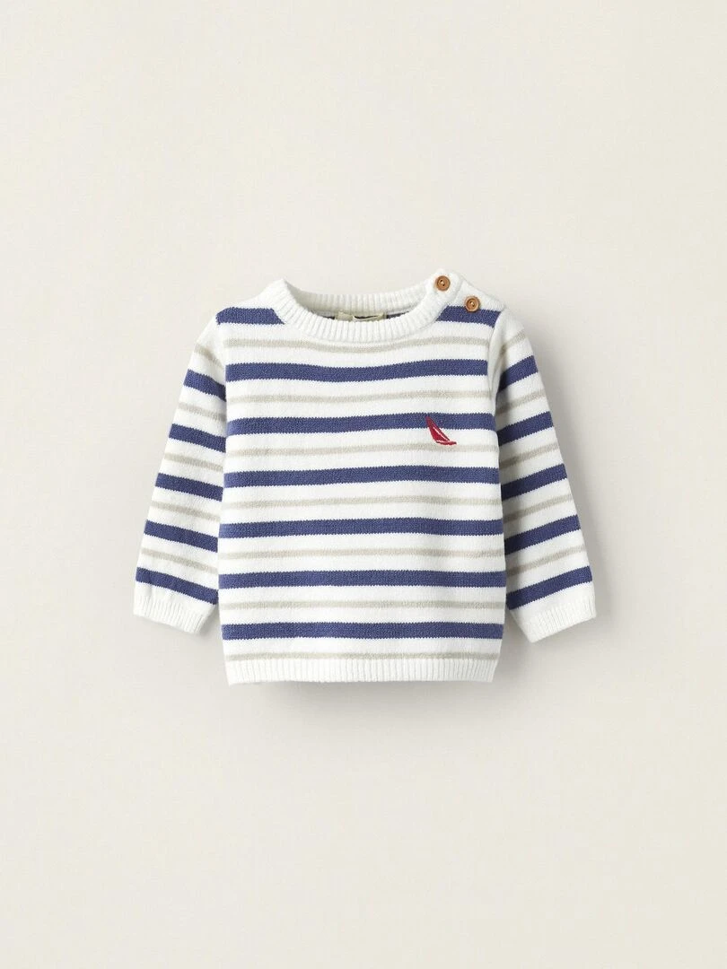 Pull en Maille à Rayures pour Nouveau Né ATLANTIC COMPANY Blanc