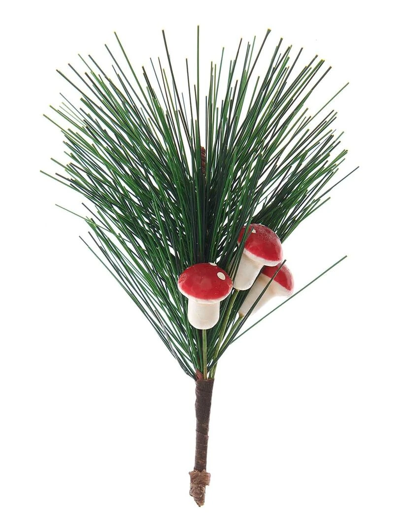 Branche de pin et mini champignons 13 cm Vert