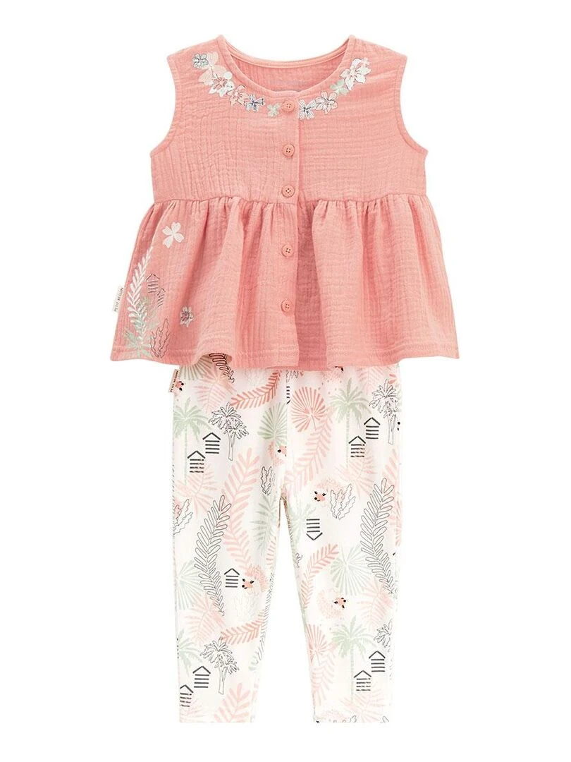 Ensemble bébé blouse et legging en gaze de coton Cilaos Orange corail