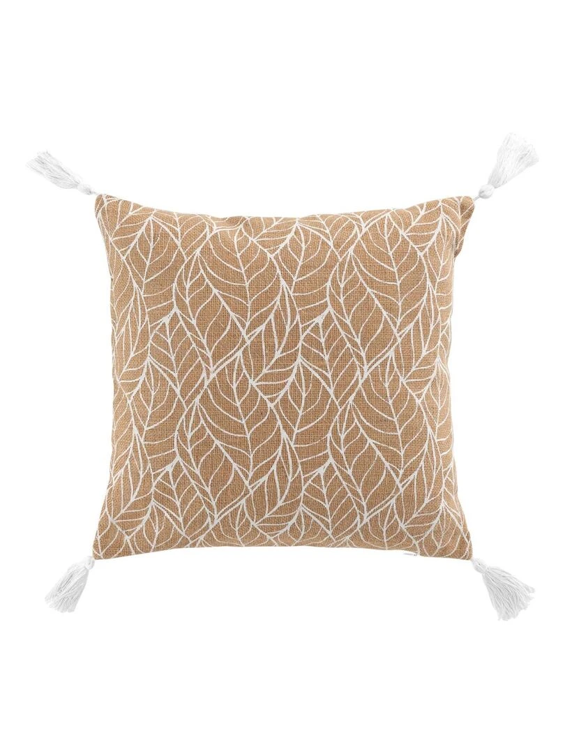 Coussin déhoussable en jute imprimé feuilles Blanc