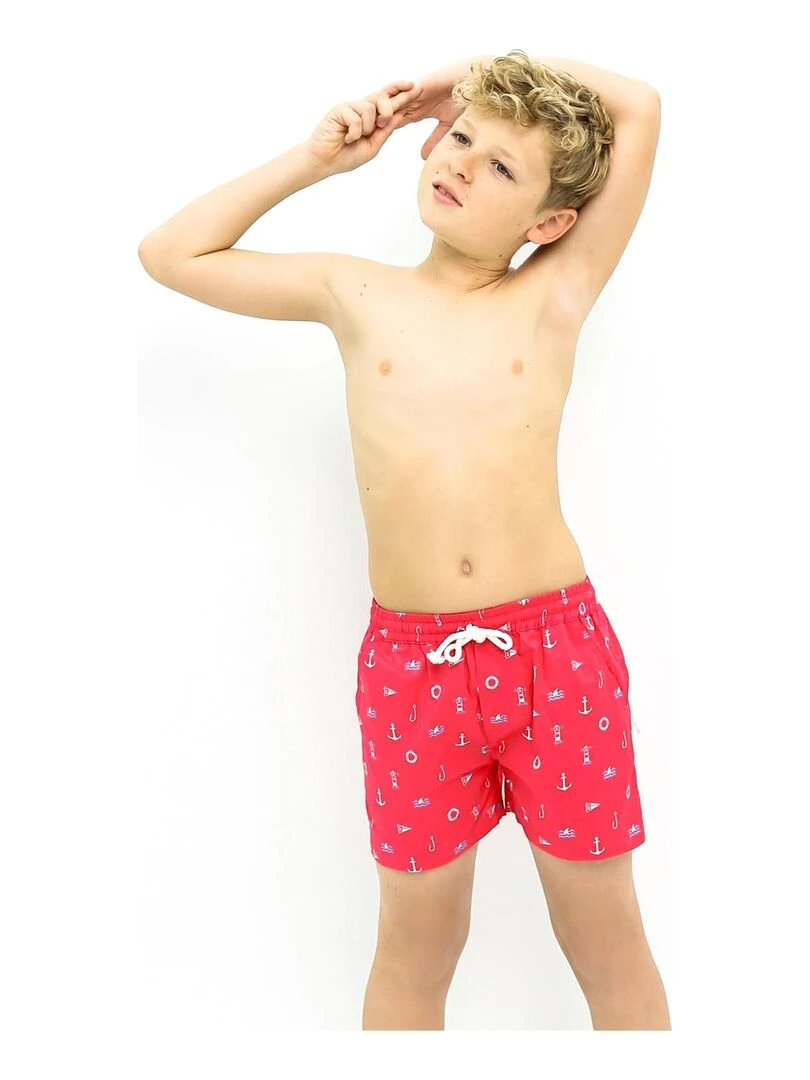 Short de Bain Garçon  Rouge Imprimé Marin Bleu Ciel  SWIMBOY   La Faute à Voltaire   Rouge