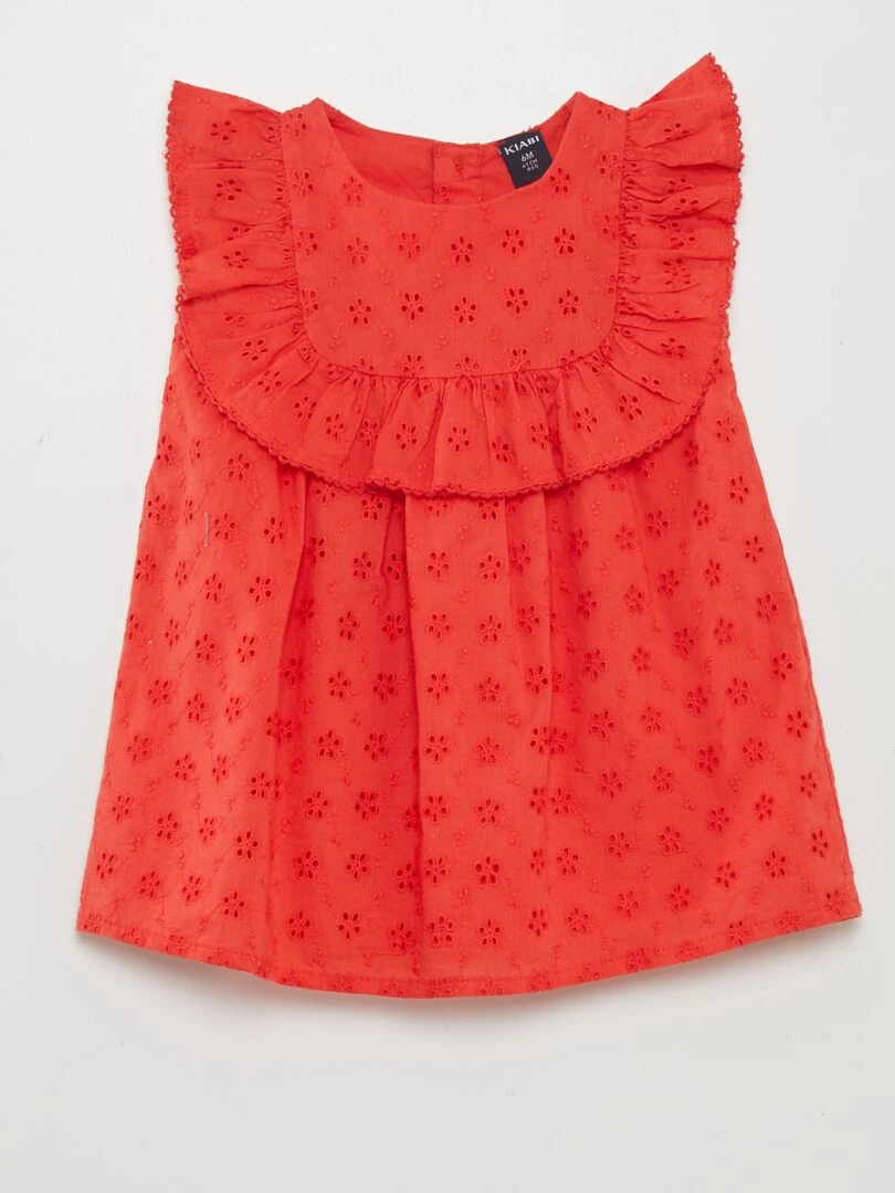 Robe avec broderies anglaises et volant rouge