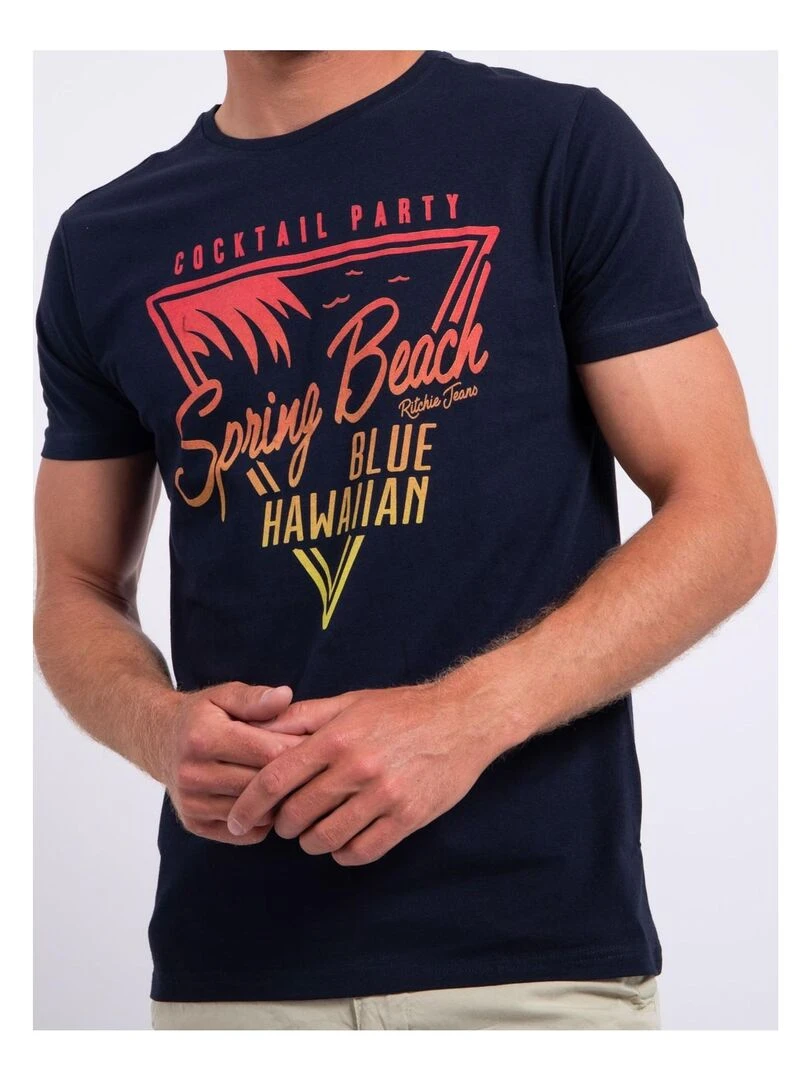 T shirt manches courtes col rond pur coton NOCLARK   Bleu marine