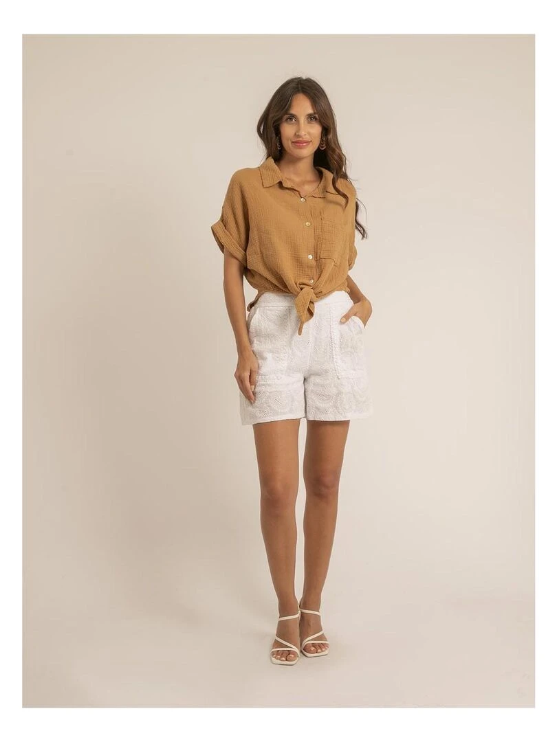 Chemise manches courtes gaze de coton ODETTE   Beige