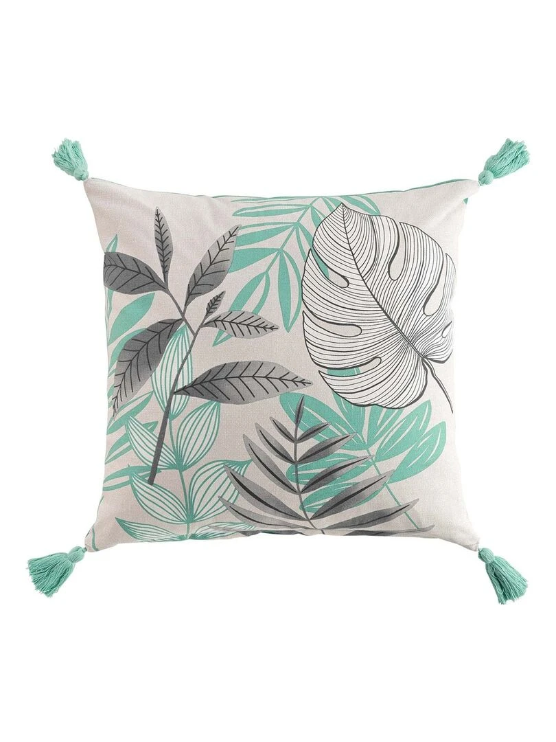 Coussin déhoussable pompons 45x45 cm Jardin Secret sauge coton Vert