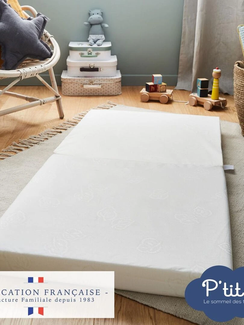 Matelas pliant bébé   60x120x7 cm   Matelas de voyage   Déhoussable   Fabrication française   Blanc