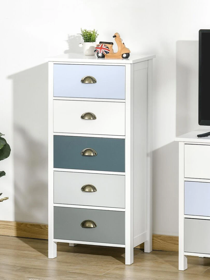 Chiffonnier 5 tiroirs design néo rétro blanc bleu gris Blanc