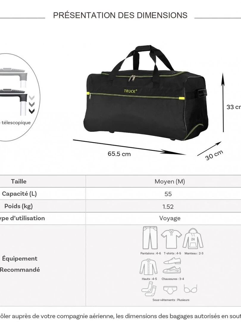 Sac de voyage avec roulettes 64L polyester taille M 65 Noir