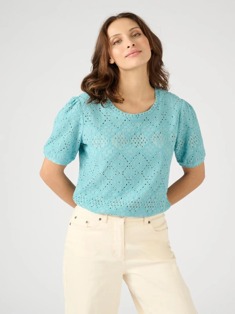 Tee shirt en maille ajourée effet dentelle Damart Bleu