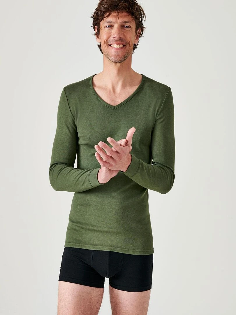 T shirt col V maille interlock Thermolactyl Damart Kaki
